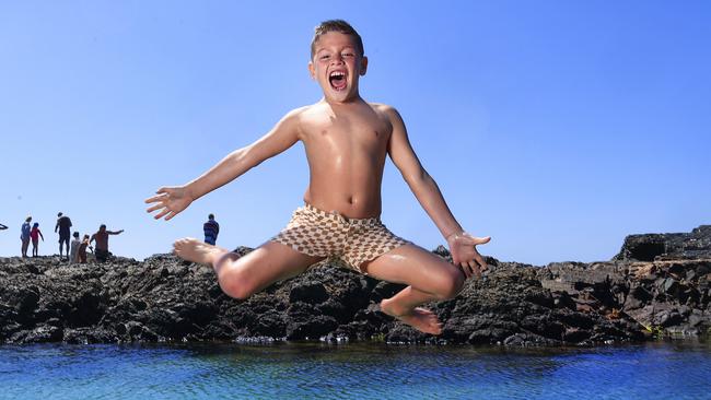 Harlo Ferguson 7 from Sydney (mum 0411473171) enjoying school holidays at Snapper Rocks on the Gold Coast. Pics Adam Head