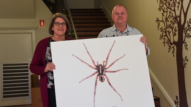 QVMAG Natural Sciences Collections Officers JudyRainbird and Simon Fearn with a newly discovered species of Tasmanian wolf spider, 'venator judyrainbirdae'. Picture: Alex Treacy