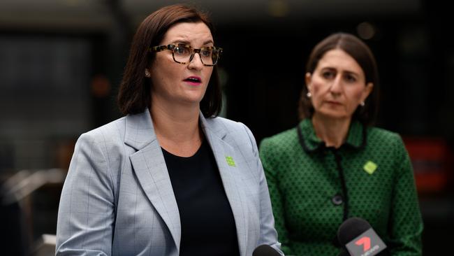 Minister for Education Sarah Mitchell and NSW Premier Gladys Berejiklian on Monday announcing schools to remain open. Parents have been encouraged to keep their children home. Picture: Bianca De Marchi