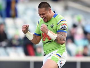 Joeseph Leilua of the Raiders celebrates after scoring a try during the round 20 NRL match between the Canberra Raiders and the New Zealand Warriors at GIO Stadium in Canberra, Saturday, July 23, 2016. (AAP Image/Dan Himbrechts) NO ARCHIVING, EDITORIAL USE ONLY