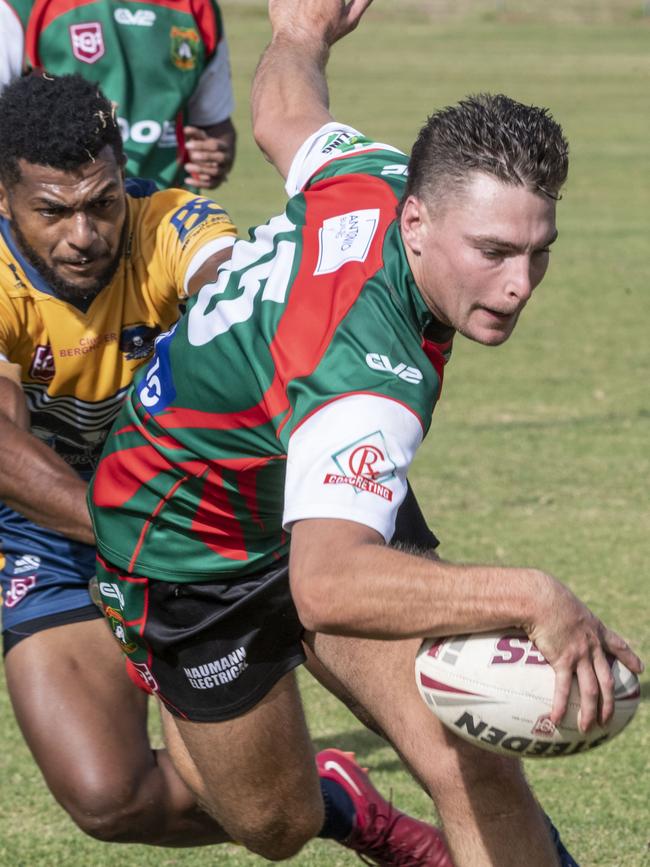 Jacob Little scores a try for Pittsworth. Picture: Nev Madsen.