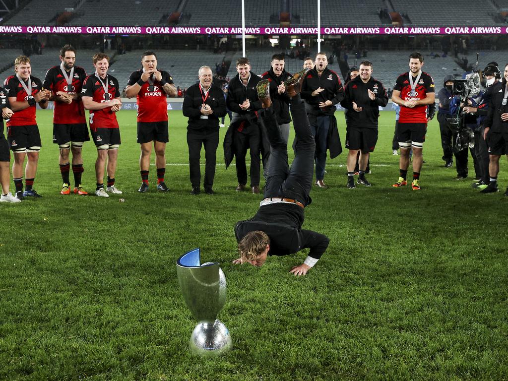 Robertson breakdances in front of yet another title for the Crusaders. Picture: Phil Walter/Getty Images