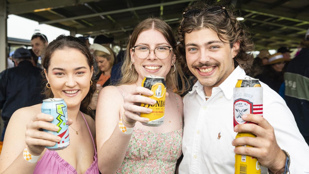 At the Clifton Jockey Club Clifton Cup races are (from left) Bella Hunt, Paige Bain and Jarrod Millard, Saturday, October 22, 2022. Picture: Kevin Farmer