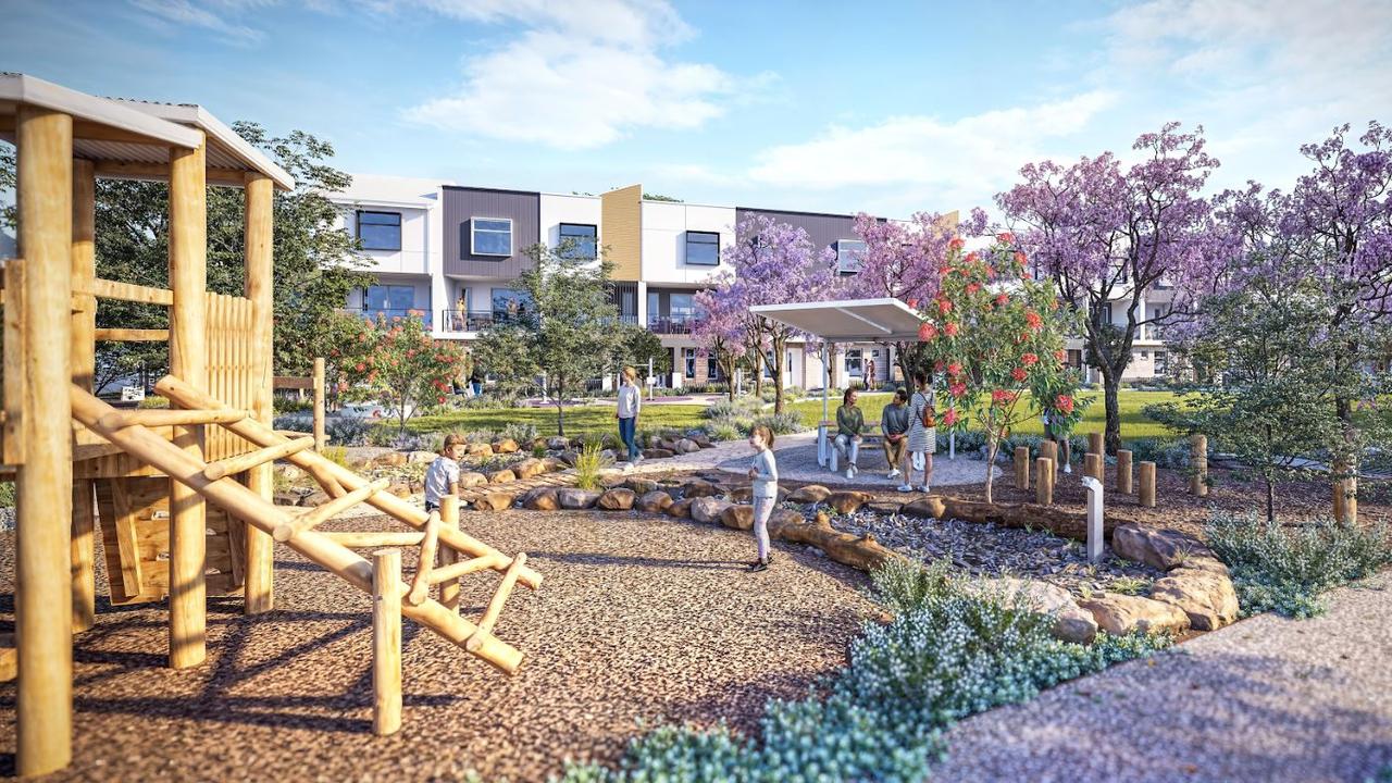 Artist impressions of new park-facing townhouses now on the market at the state government's Prospect Corner housing redevelopment, on the corner of Churchill and Regency roads. Picture: Renewal SA