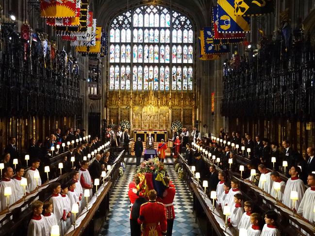 The coffin of Queen Elizabeth II is carried into St George's Chapel in Windsor Castle on September 19, 2022 in Windsor, England. Picture: Jonathan Brady - WPA Pool/Getty Images.
