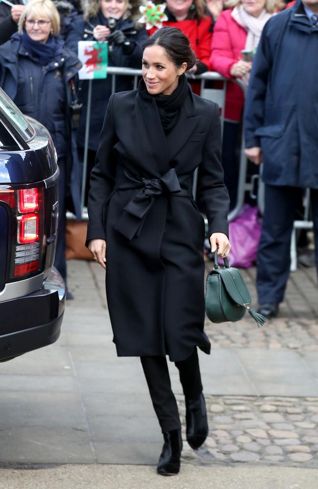 Meghan Markle arrives to a walkabout at Cardiff Castle on January 18, 2018 in Cardiff, Wales. Picture: Getty