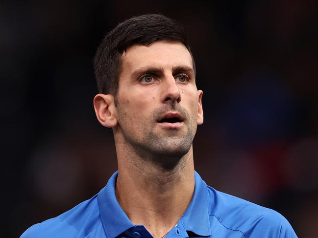 PARIS, FRANCE - NOVEMBER 01: Novak Djokovic of Serbia reacts against Maxime Cressy of USA in the second round during Day Two of the Rolex Paris Masters tennis at Palais Omnisports de Bercy on November 1, 2022 in Paris, France. (Photo by Julian Finney/Getty Images)