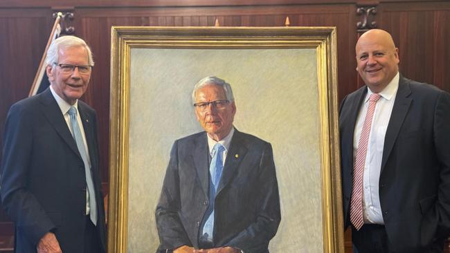 Former Premier Dr Dean Brown and Finniss MP David Basham at the unveiling of a new portrait for Parliament House this year. Picture: Supplied