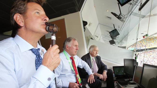 Mark Nicholas (left) with Ian Chappell and Richie Benaud in the commentary box at the Gabba in 2012.