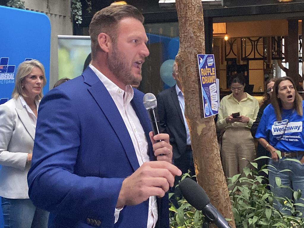 Deputy Liberal Leader Sam Groth speaks to Liberal supporters at the Prahran Hotel. Picture: Euan Kennedy