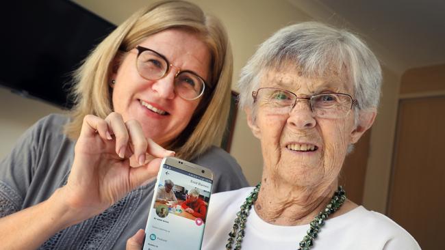 Nursing home resident Mary Barnes, 88, with her niece Debbie Bain using the CareApp at the St Louis Nursing Home at Parkside. Picture: AAP / Dean Martin