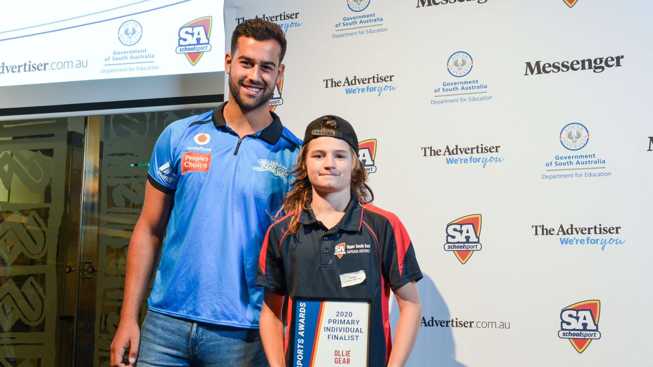 Cricketer Wes Agar with finalist Ollie Gear from Lucindale Area School at The School Sports Awards at the SA Museum. Picture: Brenton Edwards