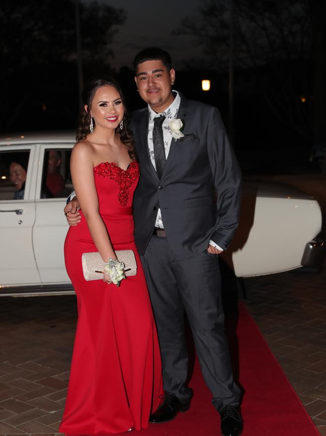 Skye Tuhou, 17, and Tiare Bielby-Roberts, 17, at the Ormeau Woods School formal at Links Resort, Hope Island. Picture: Glenn Hampson