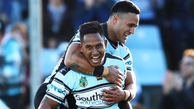 Cronulla's Ben Barba celebrates with Valentine Holmes. Picture: Brett Costello