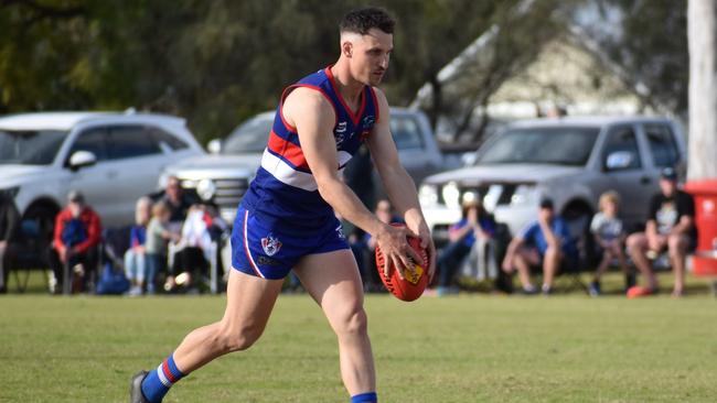 Wentworth coach and player Wade Hancock has a shot for goal against Irymple a couple of weeks ago. Picture: Natalie Wescombe.