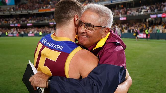 Chris Fagan embraces captain Dayne Zorko. Picture: Michael Willson/AFL Photos via Getty Images