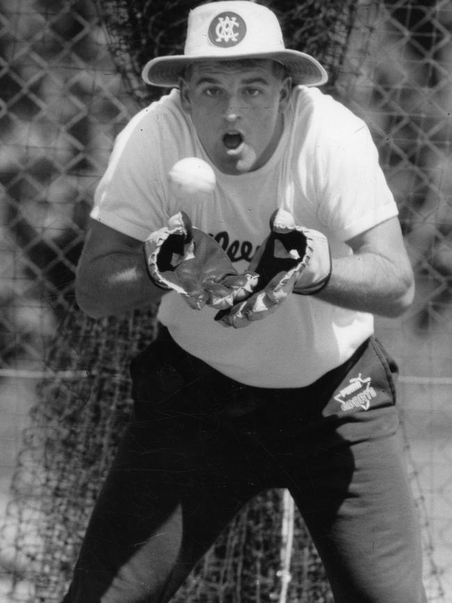 Victorian wicketkeeper Darren Berry warming up in the Adelaide Oval nets in 1990.
