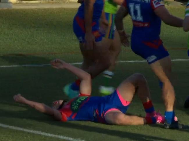 Kalyn Ponga fell hard to the turf in a clumsy Raiders tackle.