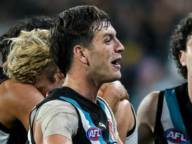 ADELAIDE, AUSTRALIA - APRIL 13:  Zak Butters of the Power  celebrates the final siren during the round five AFL match between Port Adelaide Power and Fremantle Dockers at Adelaide Oval, on April 13, 2024, in Adelaide, Australia. (Photo by Mark Brake/Getty Images)