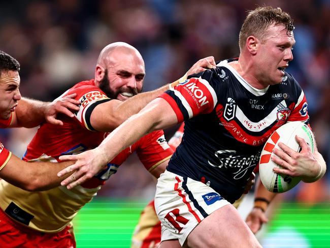 SYDNEY, AUSTRALIA - AUGUST 12: Drew Hutchison of the Roosters celebrates scoring a try during the round 24 NRL match between Sydney Roosters and Dolphins at Allianz Stadium on August 12, 2023 in Sydney, Australia. (Photo by Jeremy Ng/Getty Images)