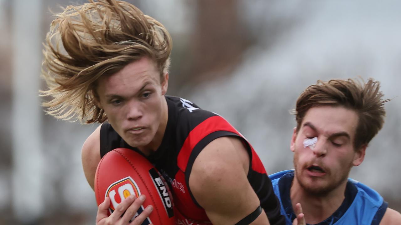 West Adelaide’s Kobe Ryan marks strongly in front of Sturt’s Casey Voss. Picture: David Mariuz/SANFL