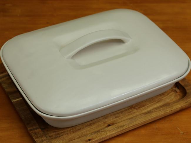 A rectangular casserole dish (with lid), $169.95, with timber base, $49.95