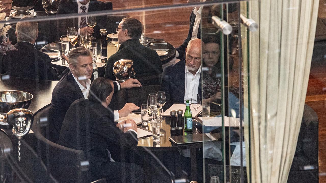 Lunch meeting between ARLC Chairman Peter V'landys (bottom left); NRL CEO Andrew Abdo (hidden), Channel 7 CEO James Warburton (top left), and Seven’s national head of sport Lewis Martin (right). Picture: Julian Andrews.