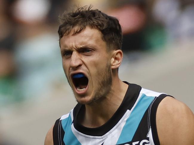 MELBOURNE, AUSTRALIA - MARCH 25: Orazio Fantasia of the Power celebrates a goal  during the round two AFL match between Collingwood Magpies and Port Adelaide Power at Melbourne Cricket Ground, on March 25, 2023, in Melbourne, Australia. (Photo by Darrian Traynor/Getty Images)