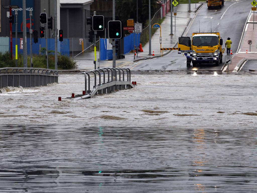 Whiddop Road was closed due to flooing in Toombul after heavy rain fell overnight in Brisbane. Picture: Tertius Pickard