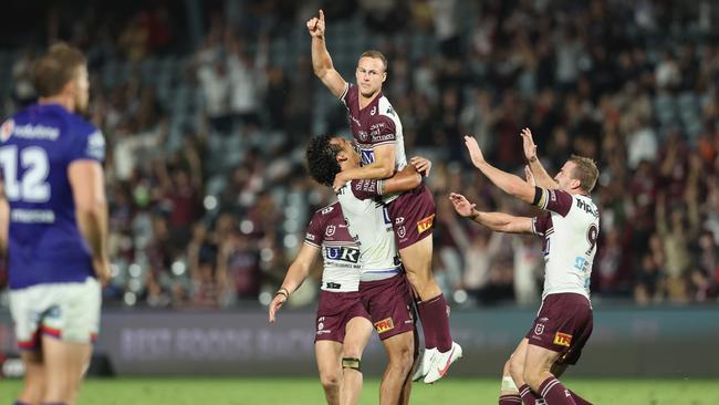 Manly captain Daly Cherry-Evans celebrates his field goal and the win against the New Zealand Warriors at Central Coast Stadium in Gosford. Picture: Getty Images