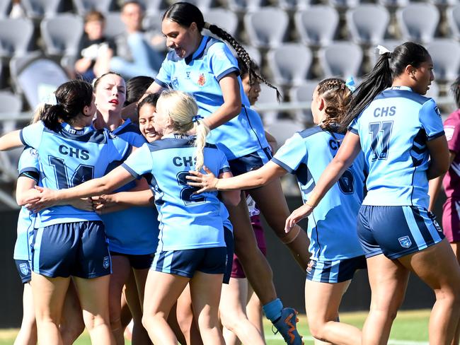 NSWCHS players celebrate a try QLD girls Vs NSWCHS ASSRL grand finals Friday July 7, 2023. Picture, John Gass