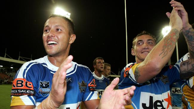 Scott Prince and Mat Rogers were all smiles after the game.