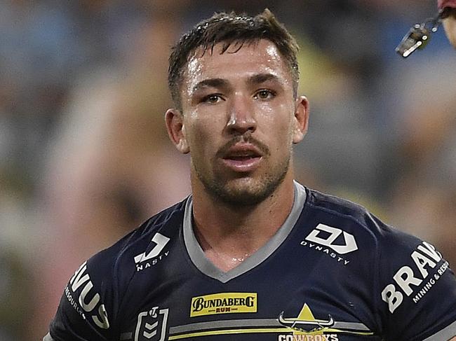 TOWNSVILLE, AUSTRALIA - JUNE 18:  Reece Robson of the Cowboys is sent to the Sin Bin during the round 15 NRL match between the North Queensland Cowboys and the Cronulla Sharks at QCB Stadium, on June 18, 2021, in Townsville, Australia. (Photo by Ian Hitchcock/Getty Images)