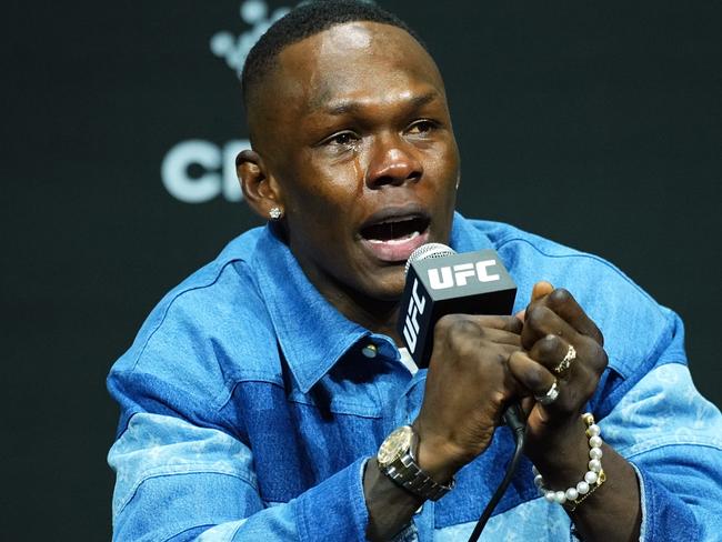 Israel Adesanya broke down in tears at this week’s press conference. Picture: Jeff Bottari/Zuffa LLC