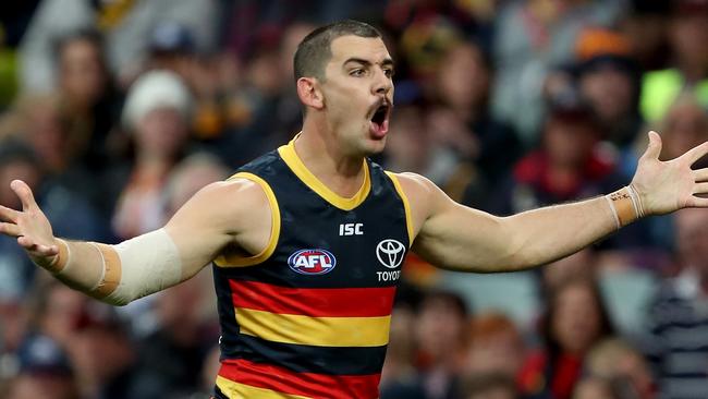 ADELAIDE, AUSTRALIA – AUGUST 17: Taylor Walker of the Crows reacts during the 2019 AFL round 22 match between the Adelaide Crows and the Collingwood Magpies at the Adelaide Oval on August 17, 2019 in Adelaide, Australia. (Photo by James Elsby/AFL Photos via Getty Images)