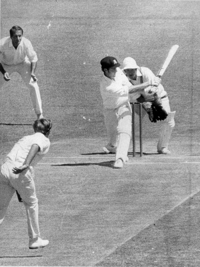 Chappell dispatches Derek Underwood over the fence in a match between South Australia and Marylebone Cricket Club at Adelaide Oval in 1970.