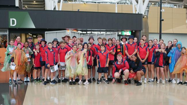 Students from Columba Catholic College head into Queensland Country Bank Stadium for the NRL All Stars on Friday night. Picture: Blair Jackson