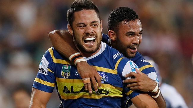 DARWIN, AUSTRALIA - JUNE 09:  Jarryd Hayne of the Eels celebrates scoring a try during the round 14 NRL match between the Parramatta Eels and the North Queensland Cowboys at TIO Stadium on June 9, 2018 in Darwin, Australia.  (Photo by Jason McCawley/Getty Images)