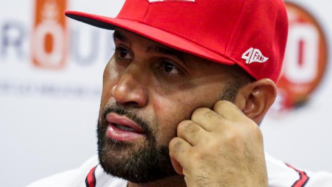 Albert Pujols speaks during a press conference. Photo by Getty Images/Getty Images