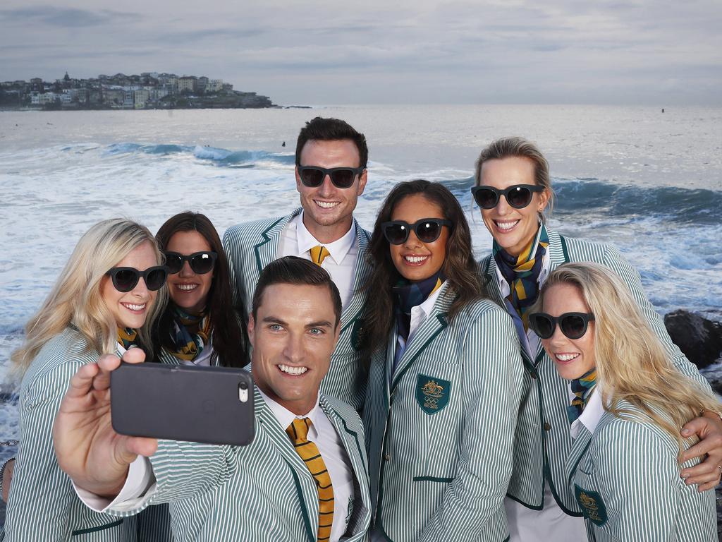 Australian athletes pose in the Opening Ceremony uniforms for the 2016 Rio Olympic Games. Phil Hillyard