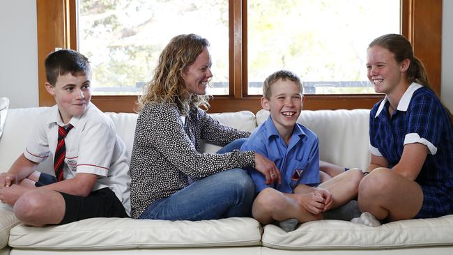 Louise Talbot with Harrison, 12, Ethan, eight, and Jess, 14, experienced the ups and downs of NAPLAN three-fold this year. Picture: Sam Ruttyn