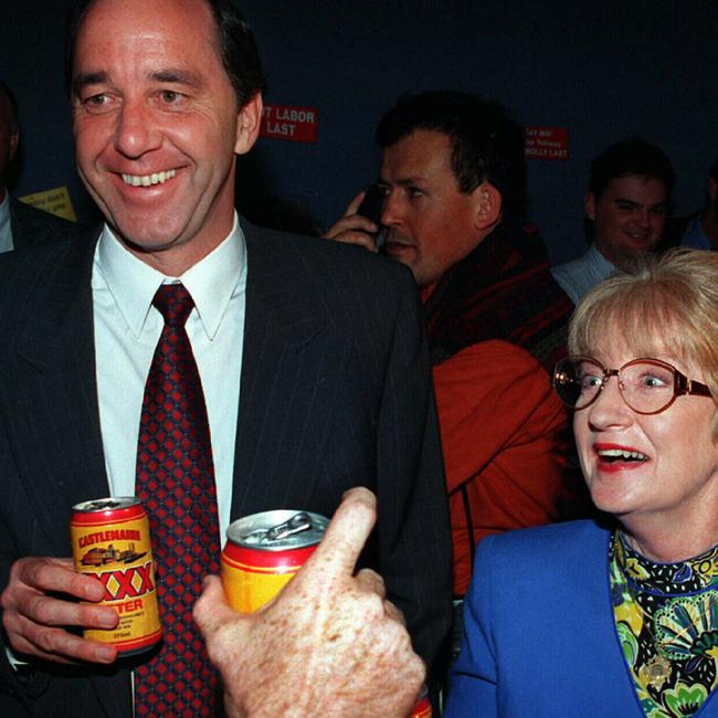 Beers all ‘round in Coalition tally room at the 1995 Queensland election. National Party leader Rob Borbidge and Liberal leader Joan Sheldon.