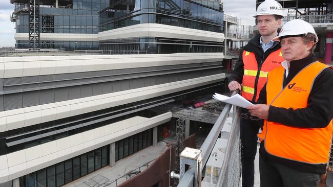 Rob Walker (senior project manager, Multiplex) and Stephen Sabbatucci (project director, VHBA) on site at the new Footscray Hospital. Picture: David Crosling