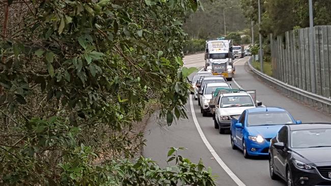 Exit 49 off ramp crowding on the northern end of the Pacific Motorway at peak hour. Picture: Michael Crandon