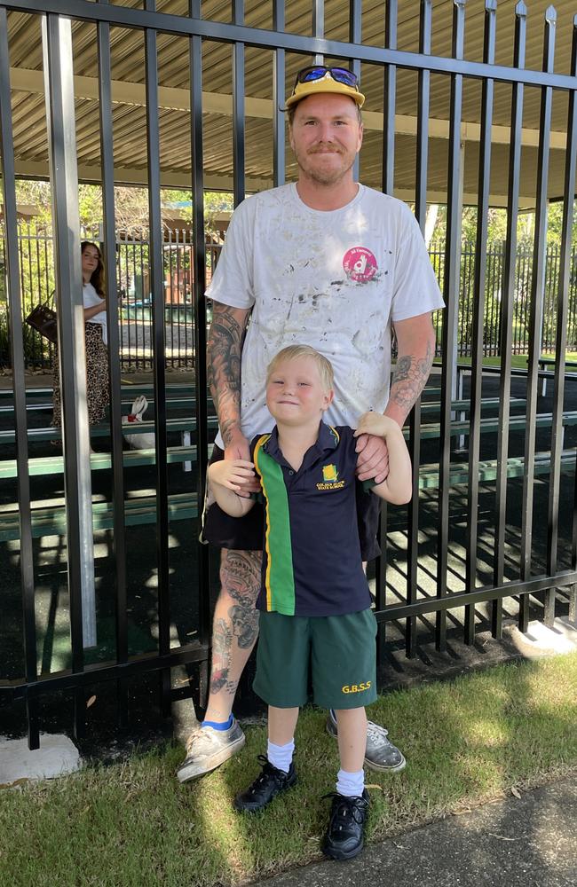 Zac with Chance on his first day of school at Golden Beach State School. Picture: Iwan Jones