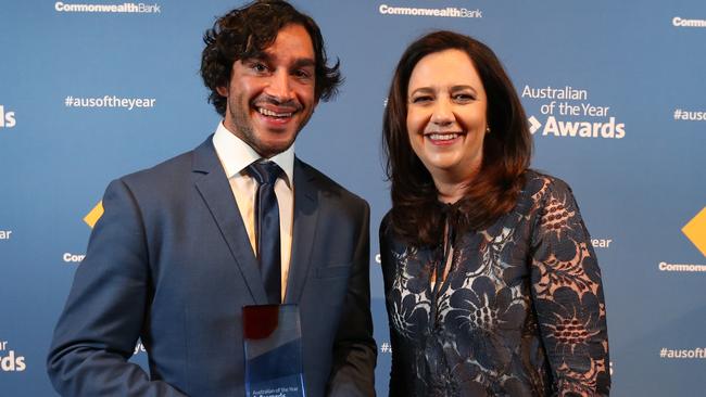 Johnathan Thurston with Premier Annastacia Palaszczuk after being named Queensland’s Australian of the Year. Picture: AAP Image/Jono Searle