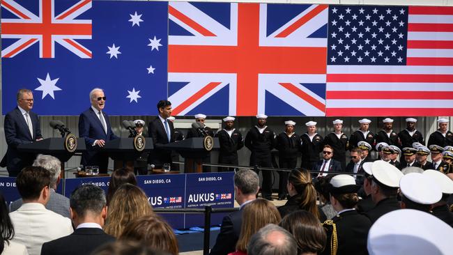 Anthony Albanese, Joe Biden and Rishi Sunak hold a press conference after a trilateral meeting during the AUKUS summit in March 2023.