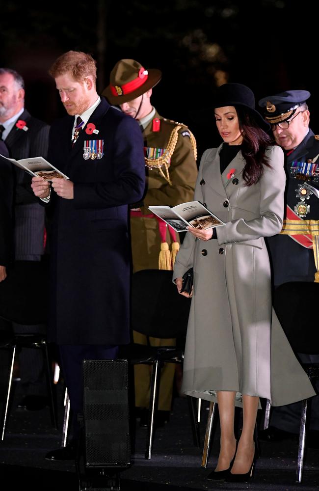 Prince Harry and Meghan Markle attend the Dawn Service at Wellington Arch. Picture: Reuters/Toby Melville