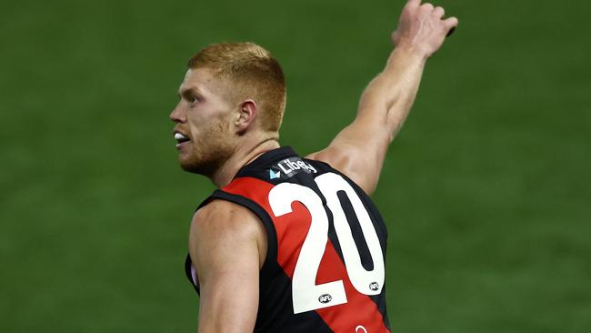 AFL Round 21. Western Bulldogs vs Essendon at Marvel Stadium, Melbourne.  08/08.2021.    Peter Wright of the Bombers celebrates a 4th qtr goal   .  Pic: Michael Klein