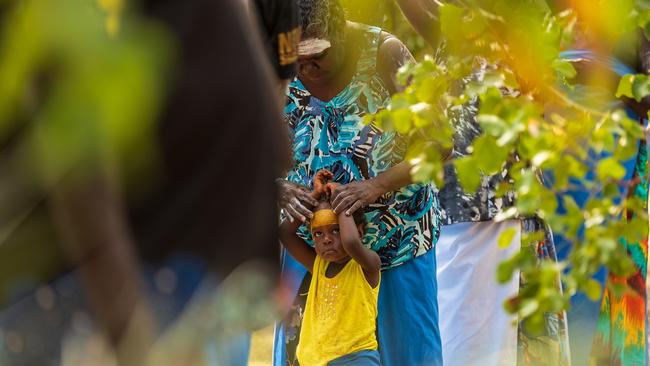 The Manggalili community performs during the opening ceremony of the Garma Festival. Picture: Tamati Smith/ Getty Images